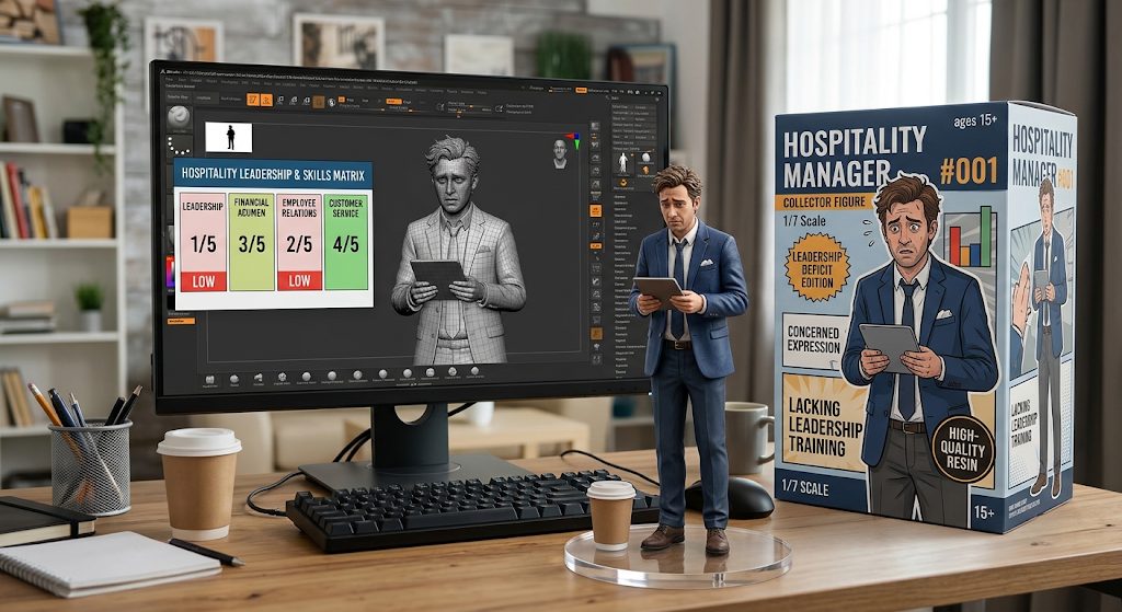 A collector-figure box mock-up of a stressed new 'Hospitality Manager' figure, labelled Leadership Deficit Edition, with a skills matrix showing low leadership and employee-relations scores.